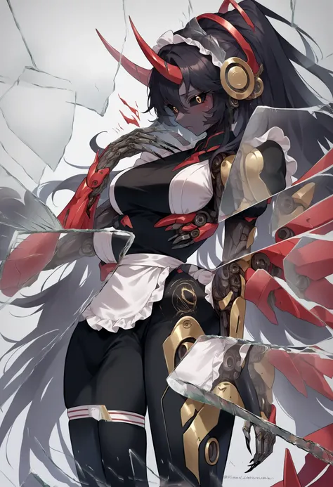 score_9, score_8_up, score_7_up, source_anime, female, black hair, black eyes, horn, slit pupils, black sclera, gynomorph, black skin, solo, shy, blush, thigh strap, maid uniform, long hair, sharp nails, black nails, 5 fingers, <lora:BreakingGlassXLPDCAME:1>, IncrsXLBrknGls, broken glass, reflection, <lora:wrenchsmechsxl:1>, wrenchsmechs, mechanical arms, mechanical legs, mechanical eyes, mechanical halo, mechanical wings, black mecha,