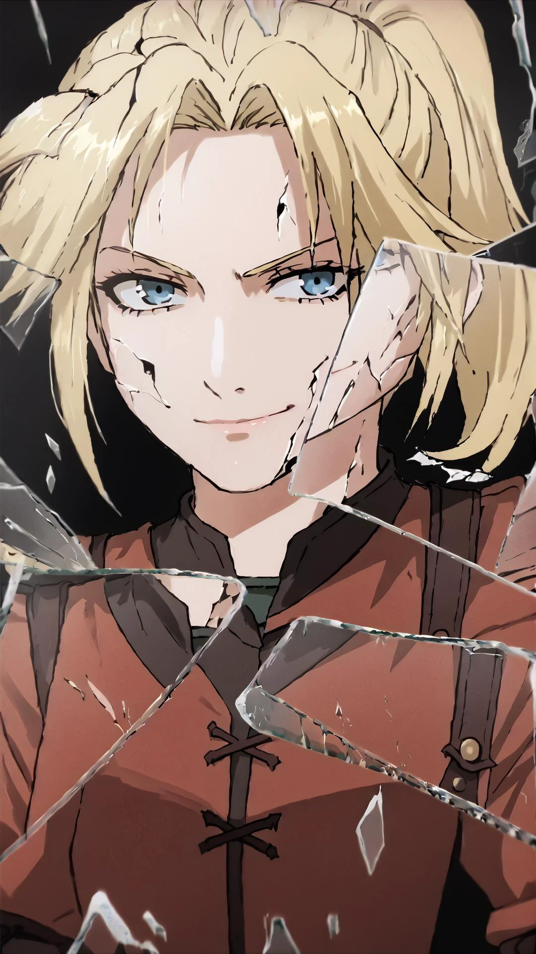 <lora:ff7claudia-pdxl-nvwls-v1:0.8> ff7Claudia, 1girl, blonde hair, ponytail, <lora:BreakingGlassXLPDCAME:0.8> IncrsXLBrknGls, broken glass, reflection, upper body, smirk, score 9, score 8 up, score 7 up, score 6 up, score 5 up, score 4 up, BREAK,