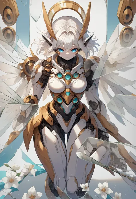 score_9, score_8_up, score_7_up, source_anime, elf, white hair, white flowers in background, <lora:BreakingGlassXLPDCAME:1>, IncrsXLBrknGls, broken glass, reflection, white high heels, medium breasts, 5 fingers, <lora:wrenchsmechsxl:1>, wrenchsmechs, mechanical arms, mechanical legs, mechanical eyes, mechanical halo, mechanical wings, full-length portrait, white mecha,