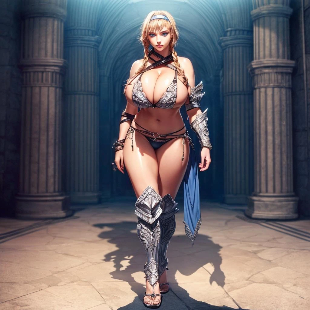 8k, 4k, intricate details, cinematic lighting, stunning environment, ornate, (realistic:1.1), detailed face, detailed eyes, detailed shadows, 1girl, (bikini armor:1.1), blonde hair, blue eyes, braid, buckle, cleavage, hairband, (gigantic breasts:1.2), sandals, side braid, solo, twin braids, <lora:1_ADD_Detail:1>, <lora:CHA_Reina:0.8>, (standing:1.1)