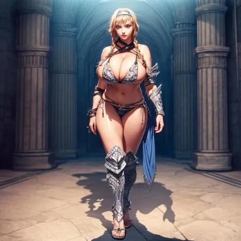 8k, 4k, intricate details, cinematic lighting, stunning environment, ornate, (realistic:1.1), detailed face, detailed eyes, detailed shadows, 1girl, (bikini armor:1.1), blonde hair, blue eyes, braid, buckle, cleavage, hairband, (gigantic breasts:1.2), sandals, side braid, solo, twin braids, <lora:1_ADD_Detail:1>,  <lora:CHA_Reina:0.8>, (standing:1.1)