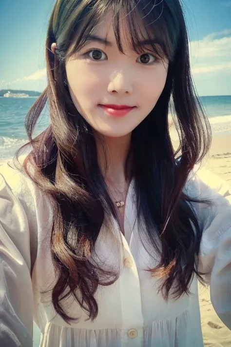 rosa, selfie, at beach, <lora:Celeb_NoonaRosa:0.8>, , masterpiece, (best quality:1.2), [:intricate details:0.2],