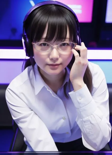 masterpiece,best quality,higher <lora:JapaneseJimi:0.8> 1girl, solo, realistic, looking at viewer,glasses,,(sfw:1.3),gameshow