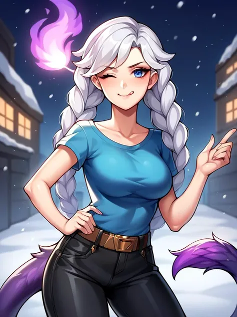 score_8_up, score_7_up, score_6_up, score_5_up, score_4_up,,io_paladins,smile,pout face,solo,masterpiece,best quality,one eye closed,tongue out,long hair,twin braids,wearing leather pants,blue t-shirt,city,snow,purple fire,night, belt,blue eyes,white hair,beauty face,,tail,op art illusion magic trick