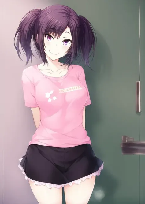 1girl, souma_kurumi, <lora:kurumiSoumaZERO_v10:0.8>, best quality, masterpiece, closed mouth, smile, pink t-shirt, black skirt, <lora:majikoiStyle_v10:1>