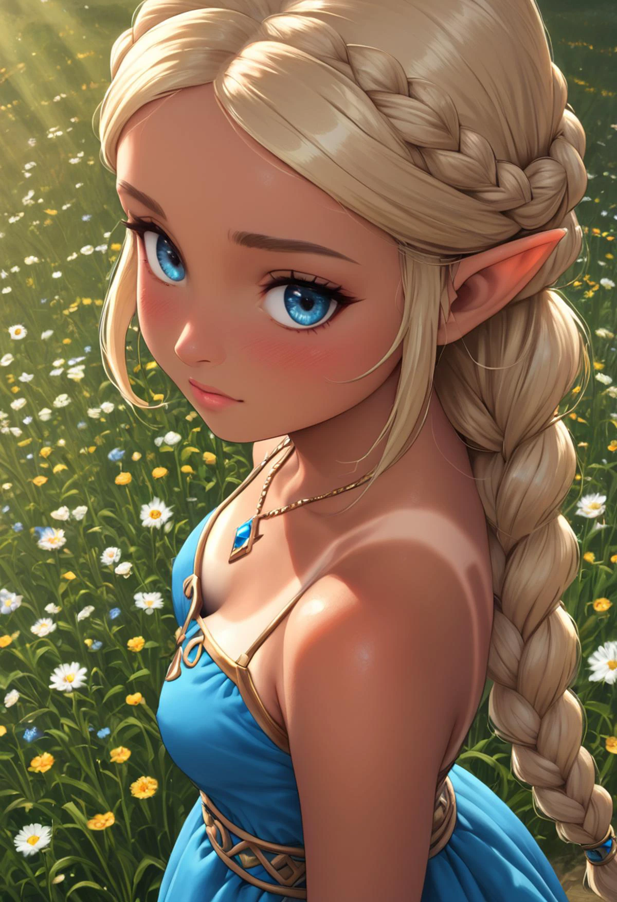 zPDXL, 1girl, masterpiece, absurdres, best quality, Princess Zelda, blonde hair, triforce necklace, blue eyes, eyelashes, long hair, (hyrule style dress, detailed, blue and white):1.4, blush, (bond braid, tan lines, tanned skin, detailed frontal lighting:1.5), standing in flower field, overshoulderdownblouse, downblouse nipples, from above, from behind, <lora:add-detail-xl:1> <lora:DetailedEyes_V3:1> <lora:absurdres_quality:0.5> <lora:OverShoulderDownBlouse_v2:0.8>