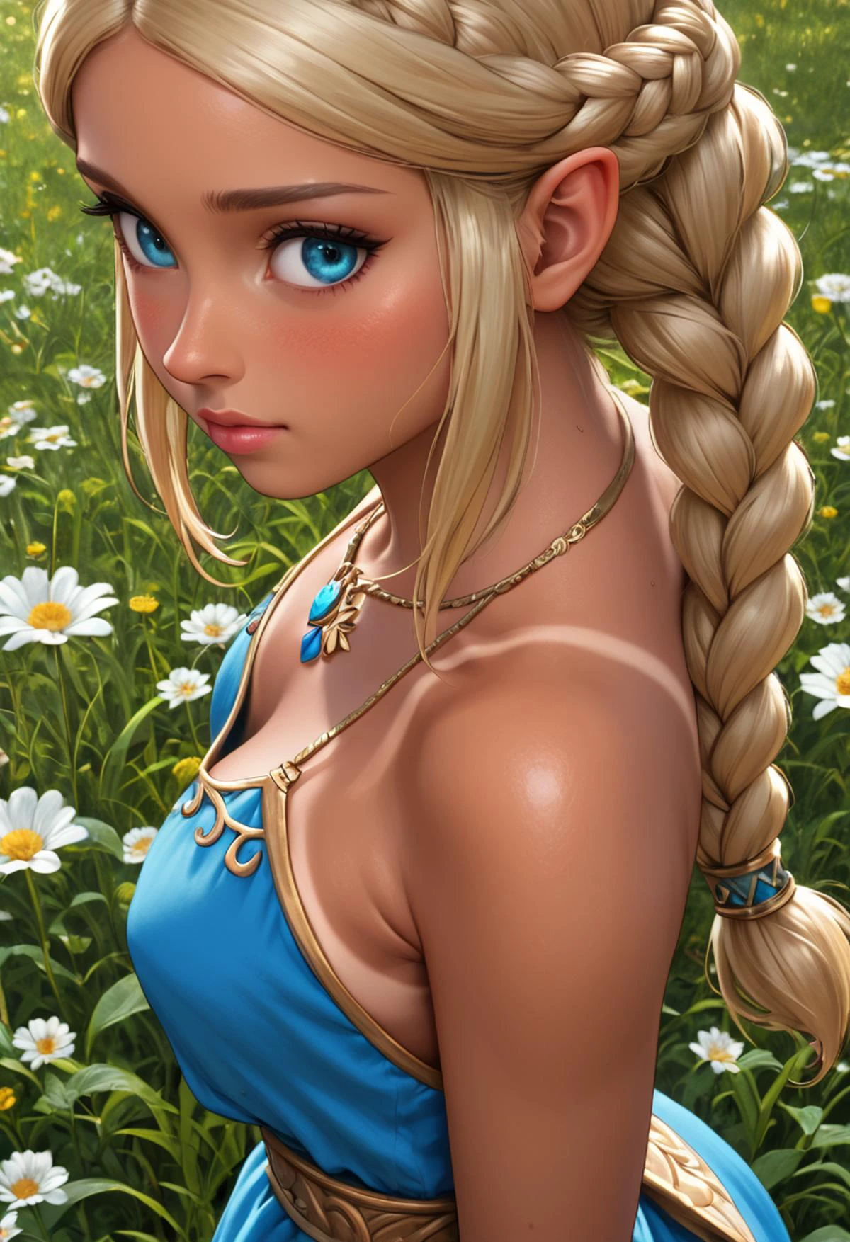 zPDXL, 1girl, masterpiece, absurdres, best quality, Princess Zelda, blonde hair, triforce necklace, blue eyes, eyelashes, long hair, (hyrule style dress, detailed, blue and white):1.4, blush, (bond braid, tan lines, tanned skin, detailed frontal lighting:1.5), standing in flower field, overshoulderdownblouse, downblouse nipples, from above, from behind, <lora:add-detail-xl:1> <lora:DetailedEyes_V3:1> <lora:absurdres_quality:0.5> <lora:OverShoulderDownBlouse_v2:0.8>