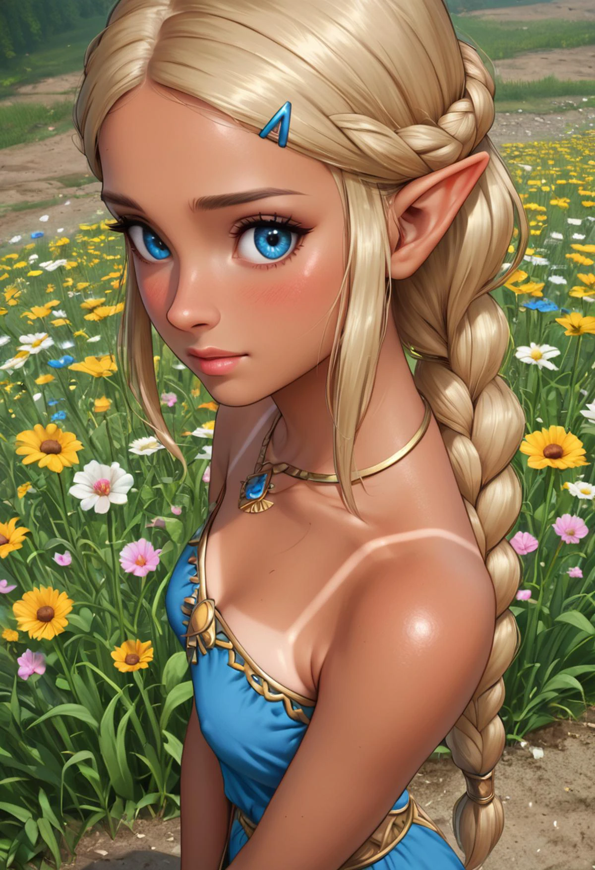 zPDXL, 1girl, masterpiece, absurdres, best quality, Princess Zelda, blonde hair, triforce necklace, blue eyes, eyelashes, long hair, (hyrule style dress, detailed, blue and white):1.4, blush, (bond braid, tan lines, tanned skin, detailed frontal lighting:1.5), standing in flower field, overshoulderdownblouse, downblouse nipples, from above, from behind, <lora:add-detail-xl:1> <lora:DetailedEyes_V3:1> <lora:absurdres_quality:0.5> <lora:OverShoulderDownBlouse_v2:0.8>