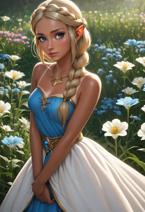 zPDXL, 1girl, masterpiece, absurdres, best quality, Princess Zelda, blonde hair, triforce necklace, blue eyes, eyelashes, long hair, (hyrule style dress, detailed, blue and white):1.4, blush, (bond braid, tan lines, tanned skin, detailed frontal lighting:1.5), standing in flower field <lora:add-detail-xl:1.5> <lora:DetailedEyes_V3:1> <lora:absurdres_quality:0.5>