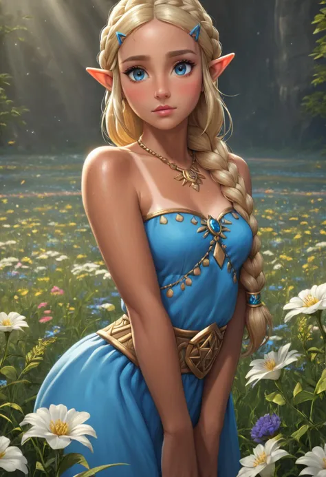 zPDXL, 1girl, masterpiece, absurdres, best quality, Princess Zelda, blonde hair, triforce necklace, blue eyes, eyelashes, long hair, (hyrule style dress, detailed, blue and white):1.4, blush, (bond braid, tan lines, tanned skin, detailed frontal lighting:1.5), standing in flower field <lora:add-detail-xl:1.5> <lora:DetailedEyes_V3:1> <lora:absurdres_quality:0.5>