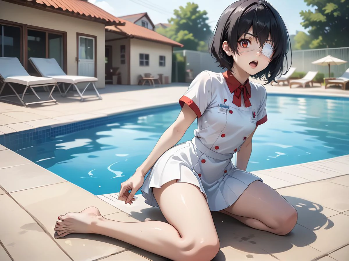 score_9, score_8_up, score_7_up, swimming pool,girls in pool, , masterpiece, best quality <lora:MisakiMeiPONY:0.8> meimisaki, black hair, red eyes, medical eyepatch, ,,open mouth,full body <lora:bell_skirt-PD-1.0:0.8> bell skirt