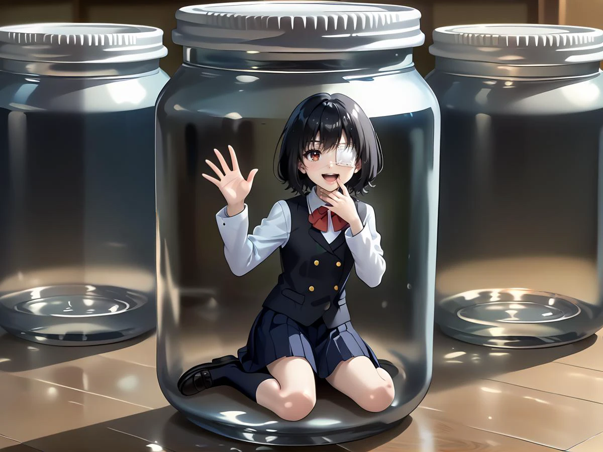 score_9, score_8_up, score_7_up, , , masterpiece, best quality ,sitting,,, <lora:MisakiMeiPONY:0.8> meimisaki, black hair, red eyes, medical eyepatch, school uniform, black vest, pleated skirt, bow, short blazer,seductive smile, hand waving,,1hand on mouth,open mouth,black school shoes on, indoors <lora:in_jar_v1_pruned:0.8> in a jar