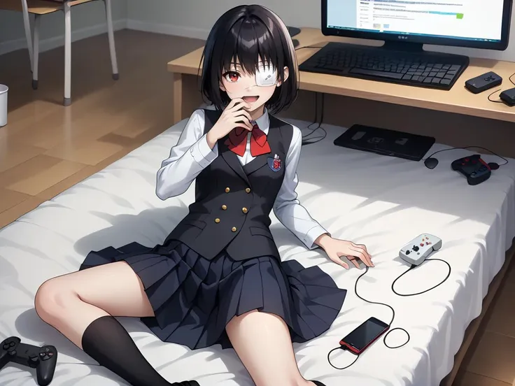 score_9, score_8_up, score_7_up, , , masterpiece,  best quality ,laying on bed, <lora:MisakiMeiPONY:0.8> meimisaki, black hair, red eyes, medical eyepatch, school uniform, black vest, pleated skirt, bow, short blazer,seductive smile, hand waving,,1hand on mouth,open mouth,black school shoes on,, , game controller,  ,wooden floor, keyboard (computer), , disposable cup,  , phone, laptop, , cellphone, controller,bed, messy room,TV,