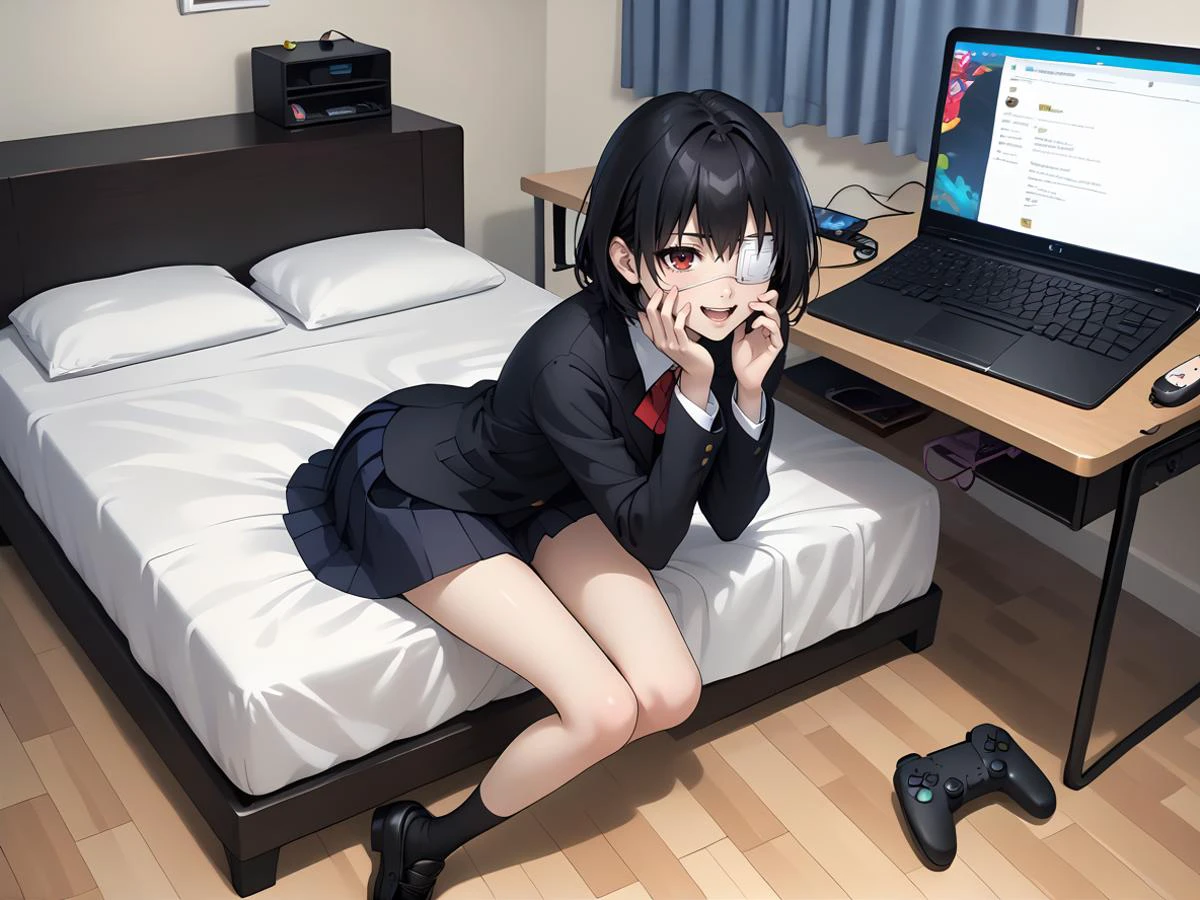 score_9, score_8_up, score_7_up, , , masterpiece, best quality ,laying on bed, <lora:MisakiMeiPONY:0.8> meimisaki, black hair, red eyes, medical eyepatch, school uniform, black vest, pleated skirt, bow, short blazer,seductive smile, hand waving,,1hand on mouth,open mouth,black school shoes on,, , game controller, ,wooden floor, keyboard (computer), , disposable cup, , phone, laptop, , cellphone, controller,bed, messy room,TV,