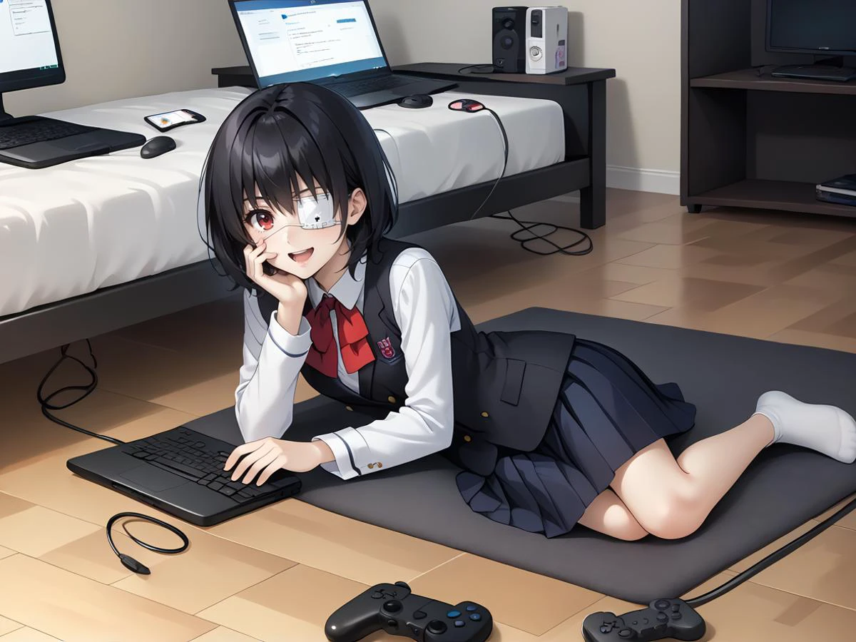 score_9, score_8_up, score_7_up, , , masterpiece, best quality ,laying on bed, <lora:MisakiMeiPONY:0.8> meimisaki, black hair, red eyes, medical eyepatch, school uniform, black vest, pleated skirt, bow, short blazer,seductive smile, hand waving,,1hand on mouth,open mouth,black school shoes on,, , game controller, ,wooden floor, keyboard (computer), , disposable cup, , phone, laptop, , cellphone, controller,bed, messy room,TV,