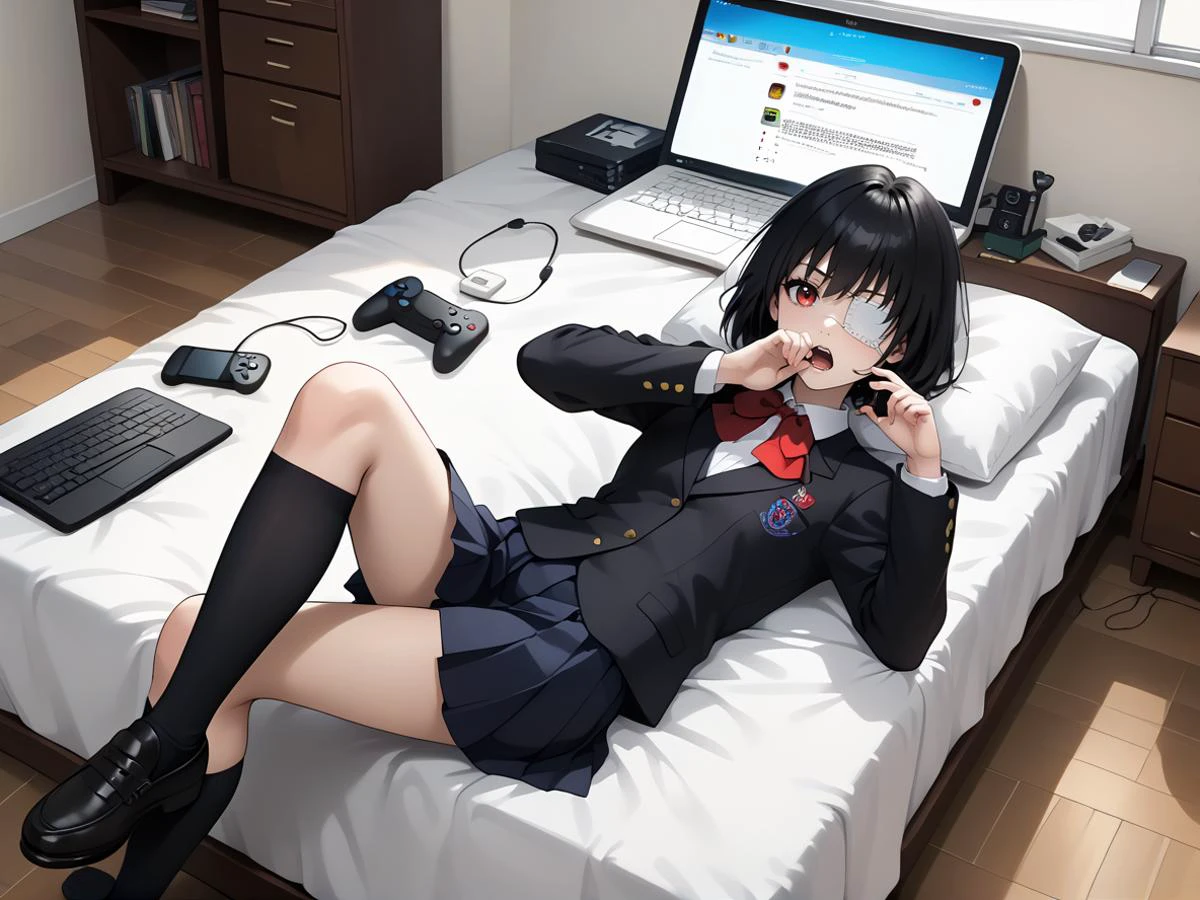 score_9, score_8_up, score_7_up, , , masterpiece, best quality ,laying on bed, <lora:MisakiMeiPONY:0.8> meimisaki, black hair, red eyes, medical eyepatch, school uniform, black vest, pleated skirt, bow, short blazer,, kicking ,1hand on mouth,open mouth,black school shoes on,, , game controller, ,wooden floor, keyboard (computer), , disposable cup, , phone, laptop, , cellphone, controller,bed, messy room,TV,