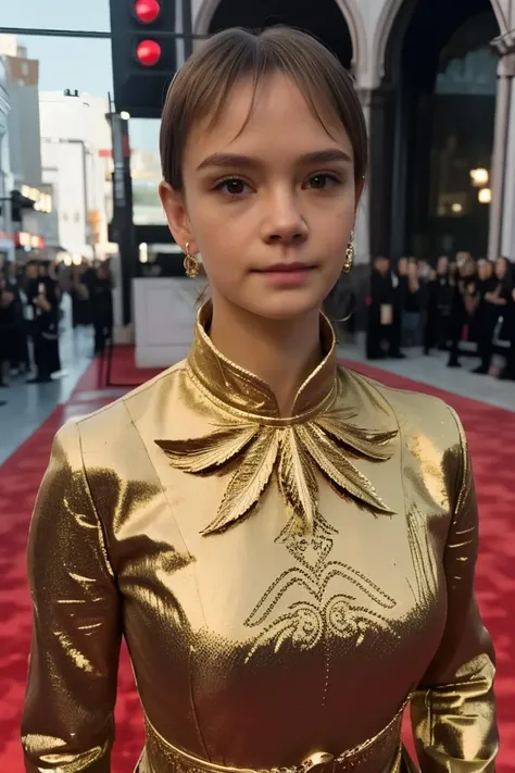 A stunning intricate full color portrait of a woman, video game screenshot, wearing a elaborate dress, red carpet on a hollywood movie premiere, having fun, epic character composition,by ilya kuvshinov, alessio albi, nina masic,sharp focus, natural lighting, subsurface scattering, f2, 35mm, film grain, half body shot <lora:npcgirl-000005:1>