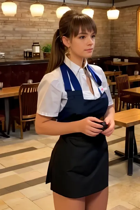 video game screenshot of a woman wearing a waitress outfit, skirt, in a restaurant, intricate details, bored<lora:npcgirl-000005:1>