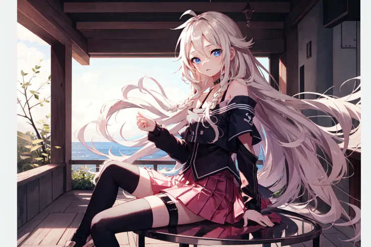 ((masterpiece)), ((best quality)), 4k, 8k, wallpaper, 1girl, solo,ia (vocaloid), <lora:IA:0.6>,  full body, sitting on table