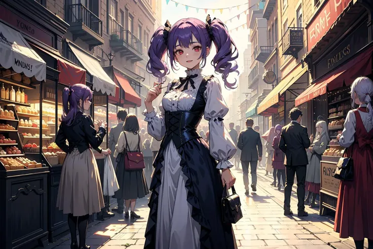 fairy with purple twintails hair, red eyes, Victorian elegance clothing, In a bustling marketplace, happy, standing, detailed, 4k, high quality, masterpiece