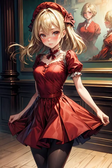 (masterpiece, best quality), 1girl, blonde hair, red dress, pantyhose, cute face, blush, <lora:add_detail:1>