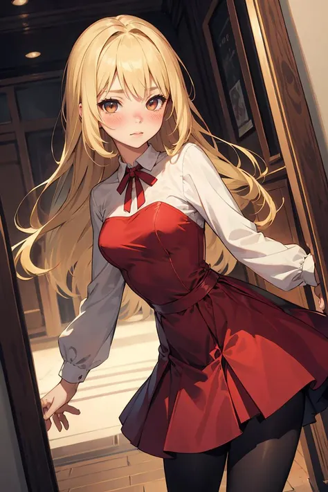 (masterpiece, best quality), 1girl, blonde hair, red dress, pantyhose, cute face, blush,