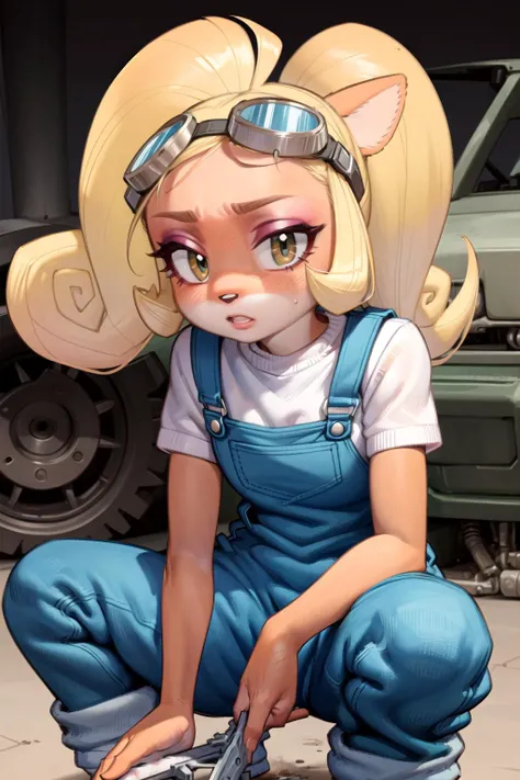 coco, furry, female, masterpiece, beautiful, white shirt, overalls, goggles on head, dirty, dirty skin, dirty clothes, working in a mechanic shop, gears and machine parts in background, wiping brow, ponytail