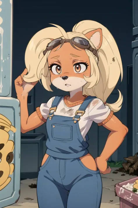 coco, furry, female, masterpiece, beautiful, white shirt, overalls, goggles on head, dirty, covered in grease and dirt, dirty skin, dirty clothes, working in a mechanic shop, gears and machine parts in background, wiping brow, ponytail