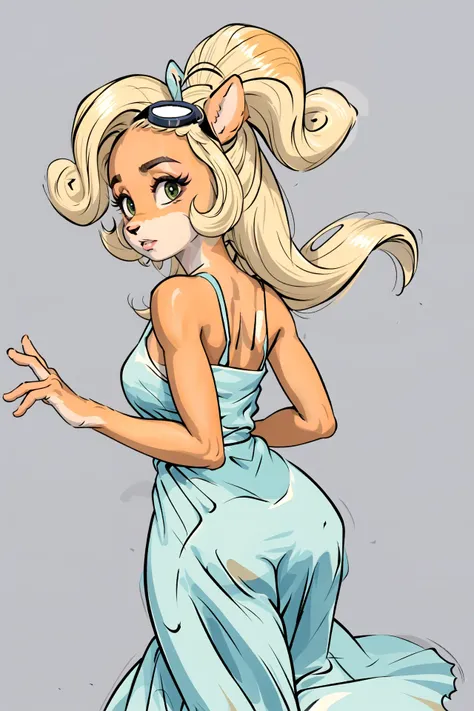 ((coco)), furry, female, blonde hair, flowing loose dress, masterpiece, beautiful, dancing, looking back