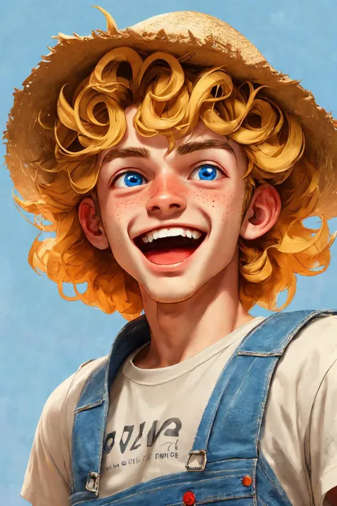 close-up photo portrait of a 20 yo european man, blond short curly hair, blue eyes, laughing face expression, freckles, denim overall, t-shirt, straw hat, farmer, simple background