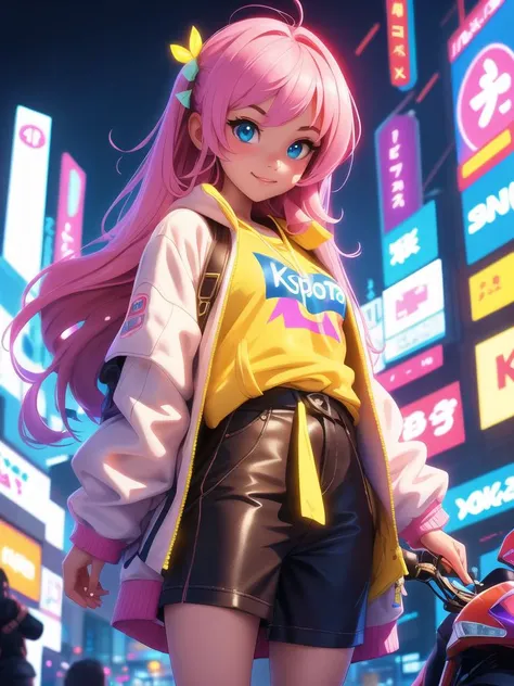 masterpiece, best quality, half body, portrait, night city, 1girl, anime, 3D, Japan, pixar, realistic, teen girl, smiling, cute face, harajuku fashion style, rain coat, beautiful, colourful, neon lights, cyberpunk, smooth skin, illustration, artstation, painting by stanley artgerm lau, sideways glance, foreshortening, extremely detailed 8K, smooth, high resolution, ultra quality, highly detail eyes, highly detail mouth, highly detailed face, perfect eyes, both eyes are the same, true light, glare, Iridescent, Global illumination, real hair movement, real light, real shadow, real face, hd, 2k, 4k, 8k, 16k, realistic light, realistic shadow, bright Eyes, fluorescent eyes, soft light, dream light