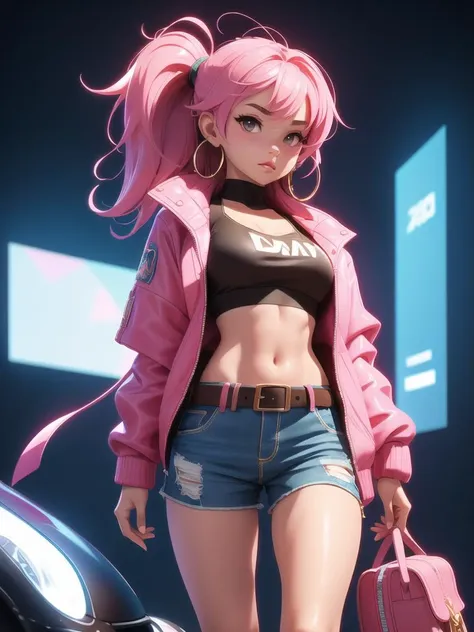 up front view, delicate colorful 3D model of anime girl,1girl, belt, blurry, crop_top, earrings, hair_between_eyes, jacket, jewelry, looking_at_viewer, midriff, navel, pink_hair, realistic, solo, fantasy model, realistic, sharp details, intricate details, ultra-realistic,digitally enhanced,3d reference , 8k resolution, unapologetic grit, overexposure,sharp focus , UHD, 8K