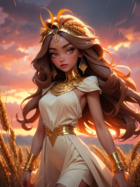 (masterpiece, best quality, high quality, natural lighting, grainy:1.1), egyptian goddess with golden long hair standing on field full of golden wheat, dusk, clear sky, sun shining low, small rain, summer dress with golden lines, medium breast,