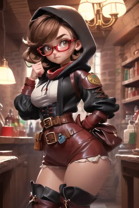 (2.5d line art), (absurdres:1.2) (8k, best quality, masterpiece:1.2), (nighttime, action shot, dark dungeon interior, crawling: 1.5), depth of field, (28 y.o. woman, 5 foot 4 inches tall, short stack, medium breasts, full hips, short upper torso, average weight), (brown hair, wavy hair, round face, chubby cheeks, nerdy, cute, no makeup, natural eyebrows, natural appearance, genuine appearance), (medieval thief,(glasses, (black wool hood:1.3), (doublet Shirt with laces:1.2), (red Leather bodice:1.5))), (black Knee-length shorts:1.1), (brown Leather bracelets1.2), (brown Belt with pouches:1.4), (brown Thigh boot:1.4), <lora:more_details:0.6> <lora:short stack:0.5>