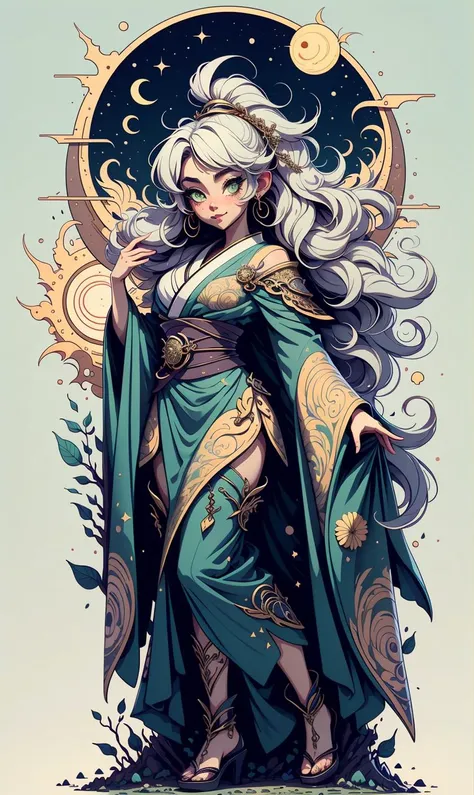 (masterpiece), (best quality), (intricate details, hyperdetailed:1.20), fractal art, 1girl, (full body:1.20), wavy hair, (white hair),hair decoration, green eyes, dancing, happy, tshee00d, vector style, solo, <lora:tshee00d:1> , kimono, goddess of the sun,Japanese mythology,(featuring mythical creatures), solar system, milky way, dream, fantasy, (abstract background:1.3),, masterpiece,ultra realistic,32k,extremely detailed CG unity 8k wallpaper, best quality