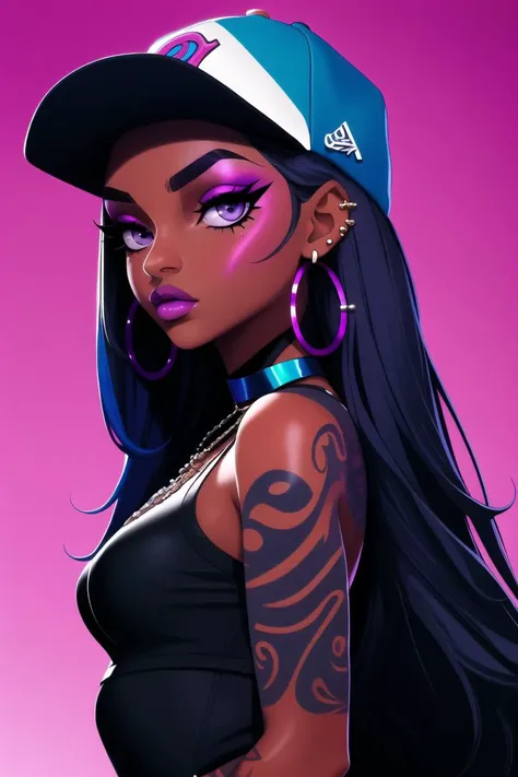 blaxy 1girl, solo, long hair, breasts, looking at viewer, blue eyes, black hair, hat, dress, jewelry, medium breasts, closed mouth, purple eyes, upper body, multicolored hair, earrings, alternate costume, choker, dark skin, off shoulder, two-tone hair, dark-skinned female, lips, eyelashes, sideboob, tattoo, makeup, piercing, ear piercing, baseball cap, eyeshadow, blue headwear, hoop earrings, arm tattoo, shoulder tattoo, very dark skin, nessa (pokemon)