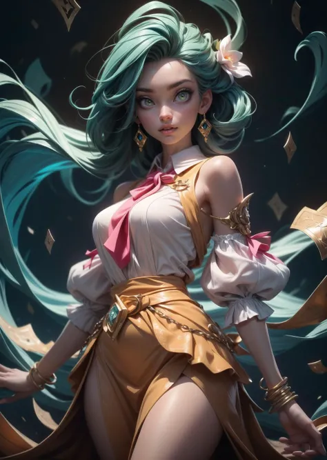 detailed background, (dungeon with spirits flying about), particles, (style-swirlmagic:0.9), floating particles, high quality fingers, normal hands, detailed fingers, glowing orb behind, masterpiece, (realistic, photo-realistic:1.37), (22 years old woman), medium breast, small waist, brown flowing hair glamour, (green glowing eyes), beautiful face, perfect illumination, beautiful detailed eyes, looking at viewer, stunningly beautiful woman, detailed hairstyle, ((wearing flowing skirt and over-sized shirt with shoulders showing)), (((body illumination:1.5))), ((full body shot, standing)), <lora:more_details:0.6> <lora:epi_noiseoffset2:0.6>