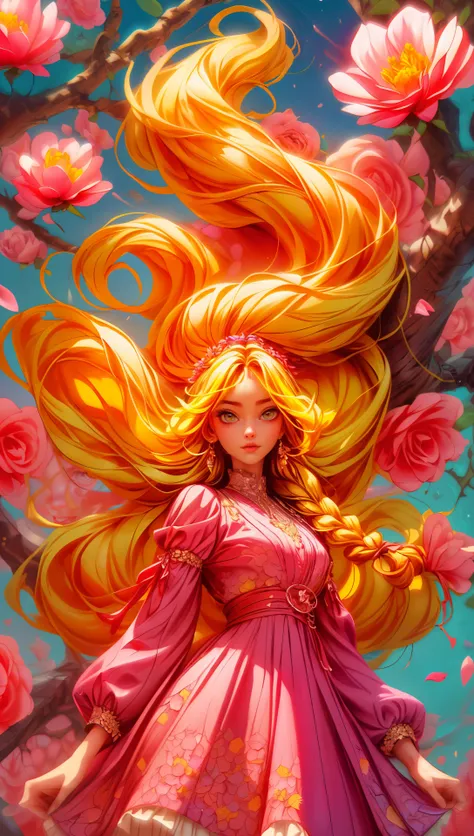 <lora:add_detail:1.2>,<lora:long_braid_hairstyle:0.2>,<lora:very_long_hair:0.2>,<lora:baihuaniang,flower,:0.7>,(masterpiece:1.1),(best quality:1.1),(high quality:1.1),(detailed image:1.1),(highres:1.1),(HD:1.1),(8K:1.1),(yellow hair:1.2),long_braid_hairstyle,very_long_hair,Long flowing hair,vibrant background of flying flowers,pink and dark red flowers falling from a tree,bohemian dress,dreamy expression,ethereal atmosphere,natural lighting,feminine,enchanting,
