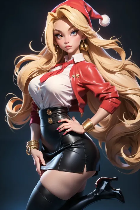 1girl,solo,(lovesome),
makeup, (blond hair), (absurdly long hair), (hair tubes),bracelet,earrings, choker,
(high quality), (best quality), sharp focus:1.2, ((masterpiece)), hyper detailed, perfect face, detailed face, perfect curvy body,perfect eyes, detailed eyes,perfect female figure, detailed hands,narrow waist, narrow hips, narrow waist, narrow hips, (dynamic poses), (wide hips:1.2, narrow waist, large ass, fit),
(school uniform, skirt), ( black thigh highs), (very high heels), with xmas hat
<lora:more_details:0.4>,