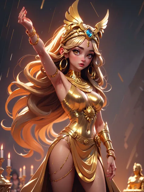 (masterpiece, best quality, high quality, natural lighting, grainy:1.1), egyptian goddess with golden long hair standing on platform full of golden statues raising arms,dusk, clear sky, sun shining low, small rain, summer dress with golden lines, medium breast,