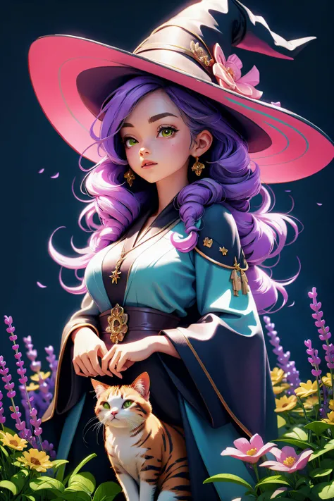 Digital painting of cute witch , lean on giant cute cat, (((Royal Cerulean robes))), colorful flowers garden background,azure sky, artstation,
hyperrealistic, extremely detailed 8K, smooth, high resolution, ultra quality,dramatic,masterpiece,perfect hand, detailed fingers,