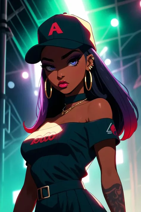 blaxy 1girl, solo, long hair, breasts, looking at viewer, blue eyes, black hair, hat, dress, jewelry, medium breasts, closed mouth, purple eyes, upper body, multicolored hair, earrings, alternate costume, choker, dark skin, off shoulder, two-tone hair, dark-skinned female, lips, eyelashes, sideboob, tattoo, makeup, piercing, ear piercing, baseball cap, eyeshadow, blue headwear, hoop earrings, arm tattoo, shoulder tattoo, very dark skin, nessa (pokemon)