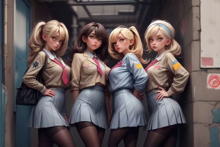 <lora:LowRA:0.3>,(tchernobyl:1.2),school clothing type with pantyhose,women lean against a wall,looking at viewer,<lora:add_detail:1>