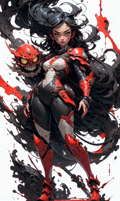 1girl,weapon,long hair,black hair,white background,solo,arm guards,looking at viewer,black eyes,tabi,floating hair,full body,blood on face,red armor,fractal art,abstract background,ink wash painting, <lora:wuxia:0.8>, (style-swirlmagic:0.7), <lora:tshee00d:0.5>, masterpiece,ultra realistic,32k,extremely detailed CG unity 8k wallpaper, best quality