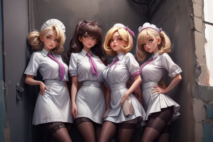 <lora:LowRA:0.3>,(tchernobyl:1.2),maid clothing type with pantyhose,women lean against a wall,looking at viewer,<lora:add_detail:1>