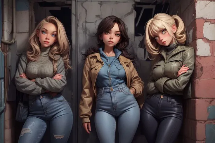 <lora:LowRA:0.3>,(tchernobyl:1.2),jeans clothing type with pantyhose,women lean against a wall,looking at viewer, <lora:add_detail:1>
