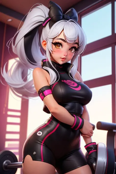 18yo,(marie rose face:1.3),(high quality:1.1),3d,(realistic:0.8),huge boobs,<lora:half_ponytail_hairstyle:0.1> half_ponytail_hairstyle,<lora:gym_outfit:0.1> gym_outfit