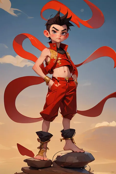 (((masterpiece))),(best quality:1.5),8k,(1boy:1.5),flying,haki,Red ribbon,Chinese style,<lora:nezha_20230529030816:0.7>,Bare feet,Gold collar,haki,domineering,fierce,battle,Belly pocket,Red clothes,12-y.o