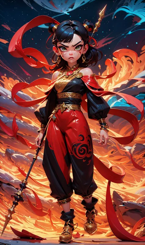 1girl, blood on face, angry, <lora:nezha_20230529030816:0.75>, holding spear, (flying), chinese mythology,cloudy, detailed sky, abstract background, (flame_surge_style:0.5)