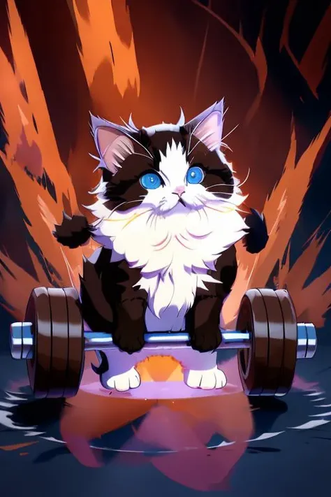 <lora:DBKiCharge:0.9>,Ki Charge,aura,fighting stance,1Plump cute Kitten,standing behand Barbell,Animal Focus,no human,ragdoll,<lora:Ragdoll_20230617183921-000004:0.6>,Depth of field,<lora:rageMode_v1:0.3>,